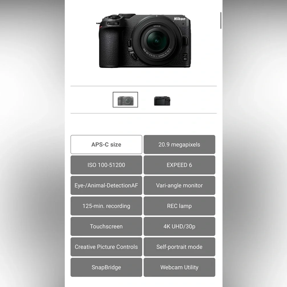 Brand new with extras Nikon Z30 mirrorless digital camera with touchscreen